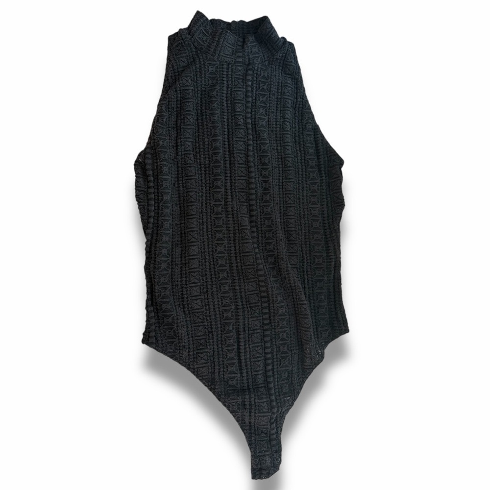 Wolford Lace Black Textured Bodysuit Sz L stretch mesh sleeveless